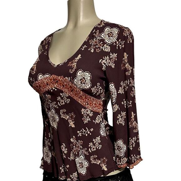 Quizz Bazaar Blouse Women's Medium Burgundy & White Flowy Floral Vintage Top - Picture 7 of 13